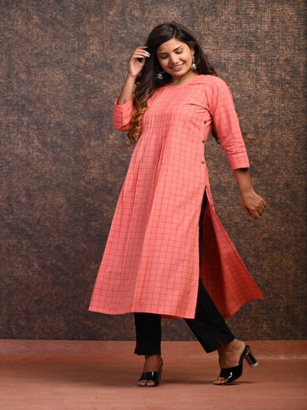 Coral Plaid Cotton Kurta Dress