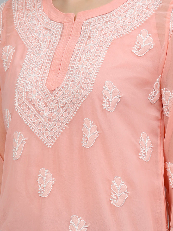 Peach Georgette Embroidered Chikankari Short Tunic with Slip