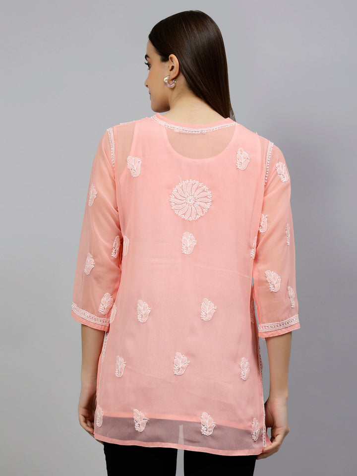 Peach Georgette Embroidered Chikankari Short Tunic with Slip
