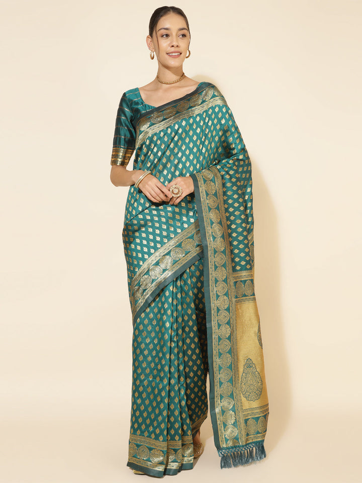 Peacock Green Pure Silk Women Ethnic Motif Banarasi Saree