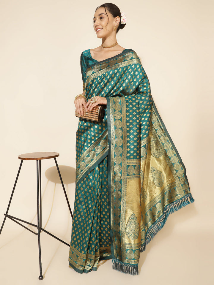 Peacock Green Pure Silk Women Ethnic Motif Banarasi Saree