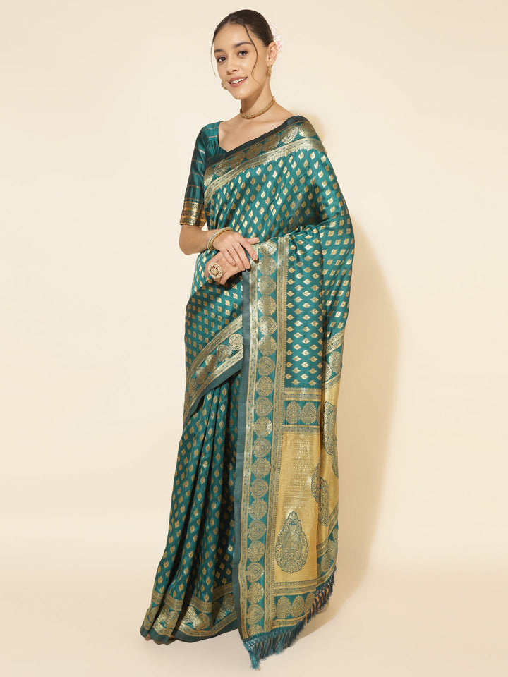 Peacock Green Pure Silk Women Ethnic Motif Banarasi Saree