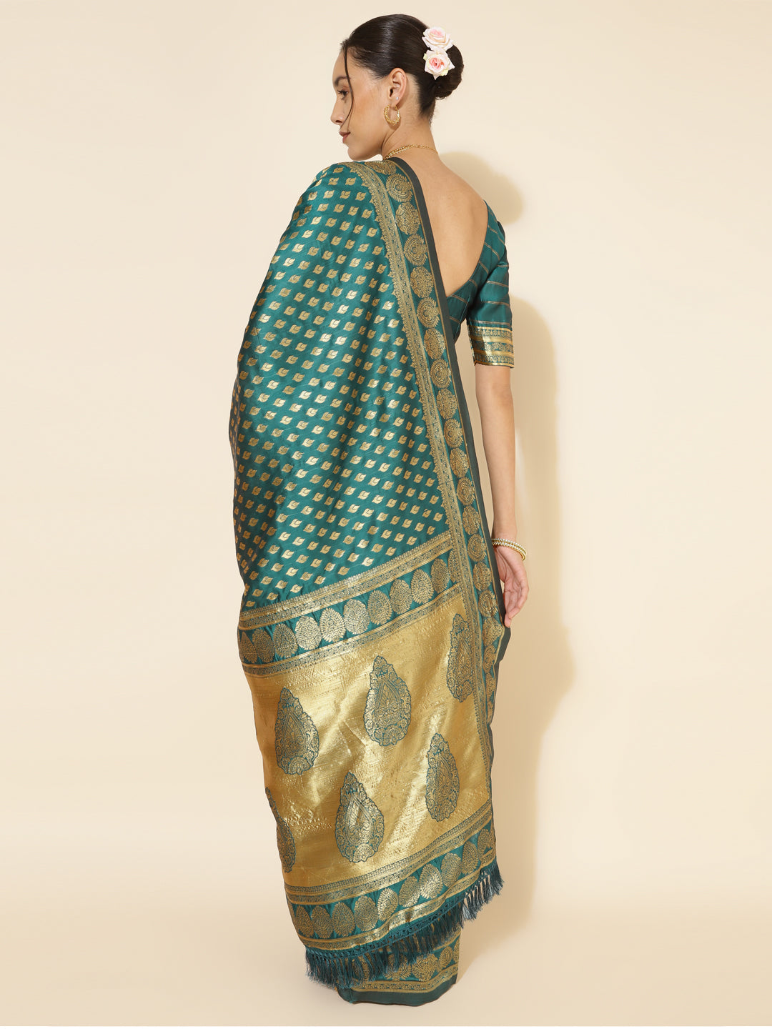 Peacock Green Pure Silk Women Ethnic Motif Banarasi Saree