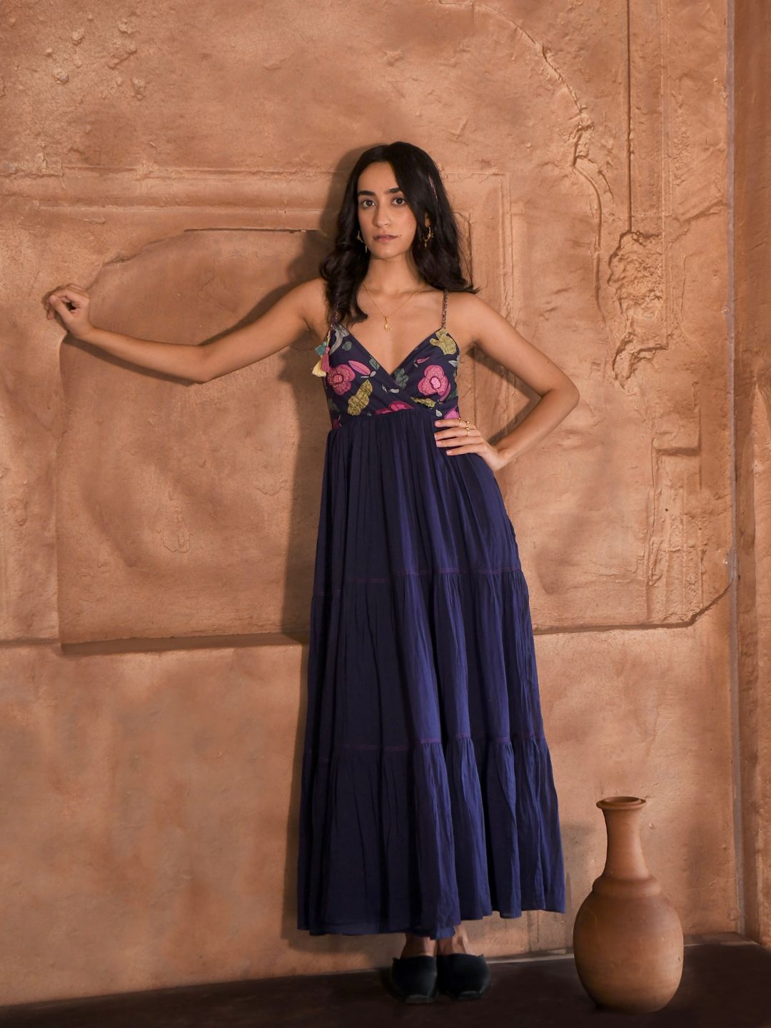 Persian Blue Chanderi & Mulmul Mix Maxi Dress