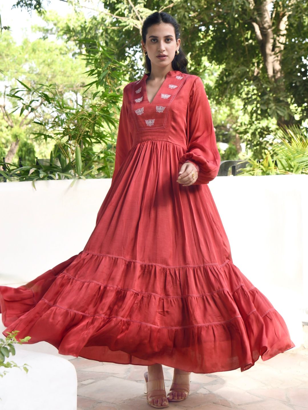 Persian-Red-Plunge-Neck-Pleated-Dress