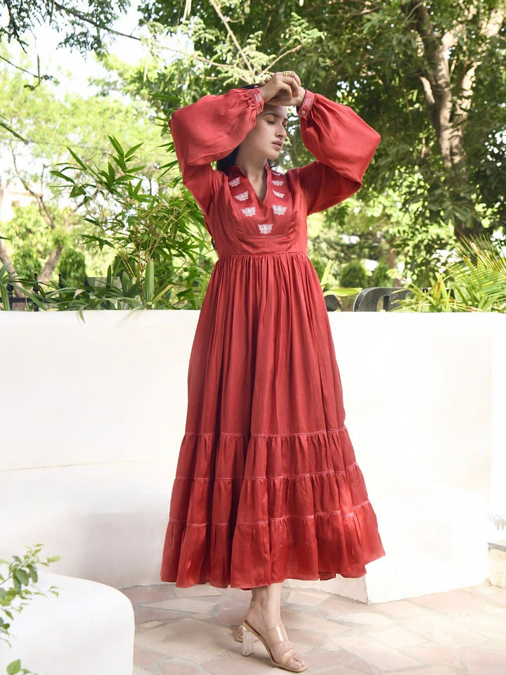 Persian-Red-Plunge-Neck-Pleated-Dress