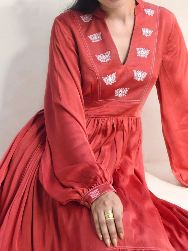 Persian-Red-Plunge-Neck-Pleated-Dress