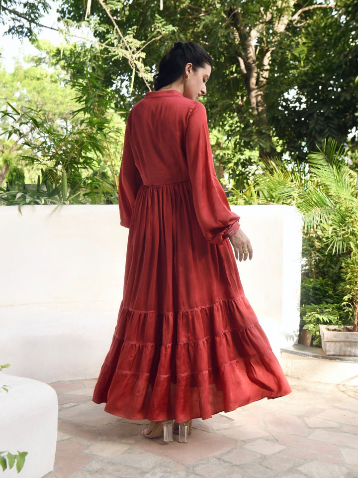 Persian-Red-Plunge-Neck-Pleated-Dress