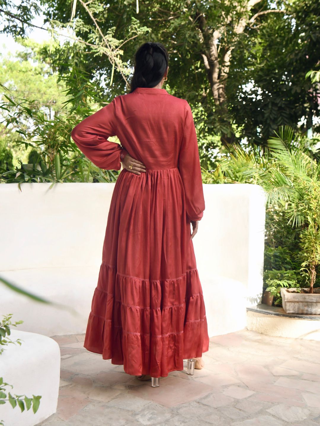 Persian-Red-Plunge-Neck-Pleated-Dress