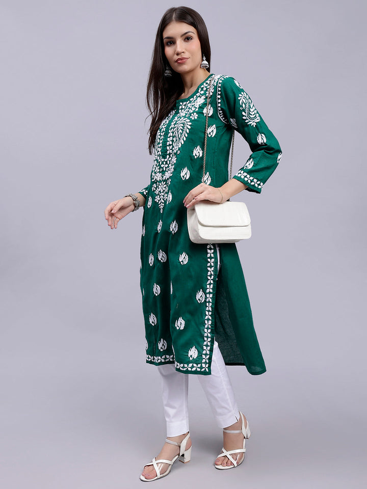 Pine Green Cotton Handwoven Chikankari Kurti