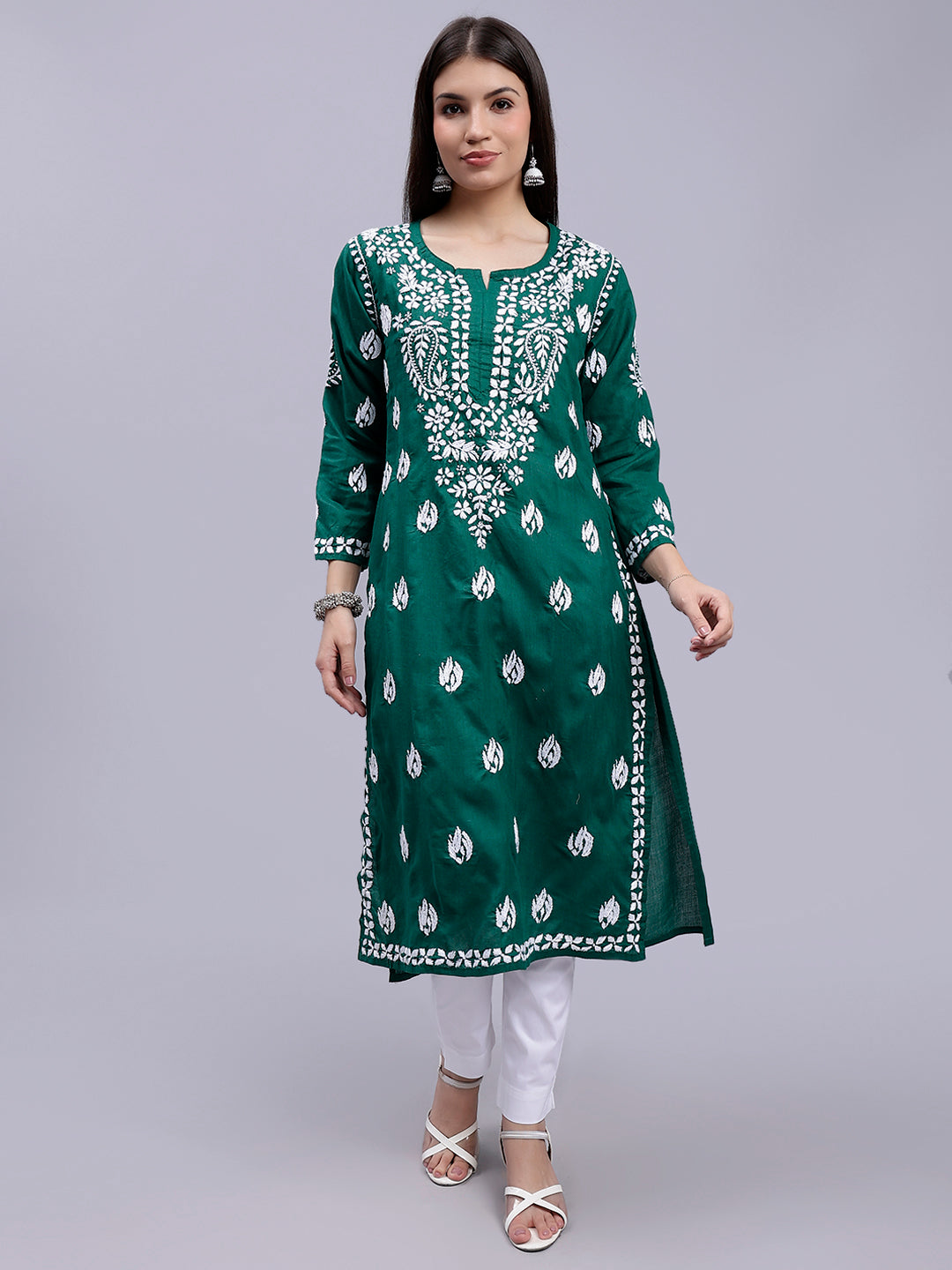 Pine Green Cotton Handwoven Chikankari Kurti