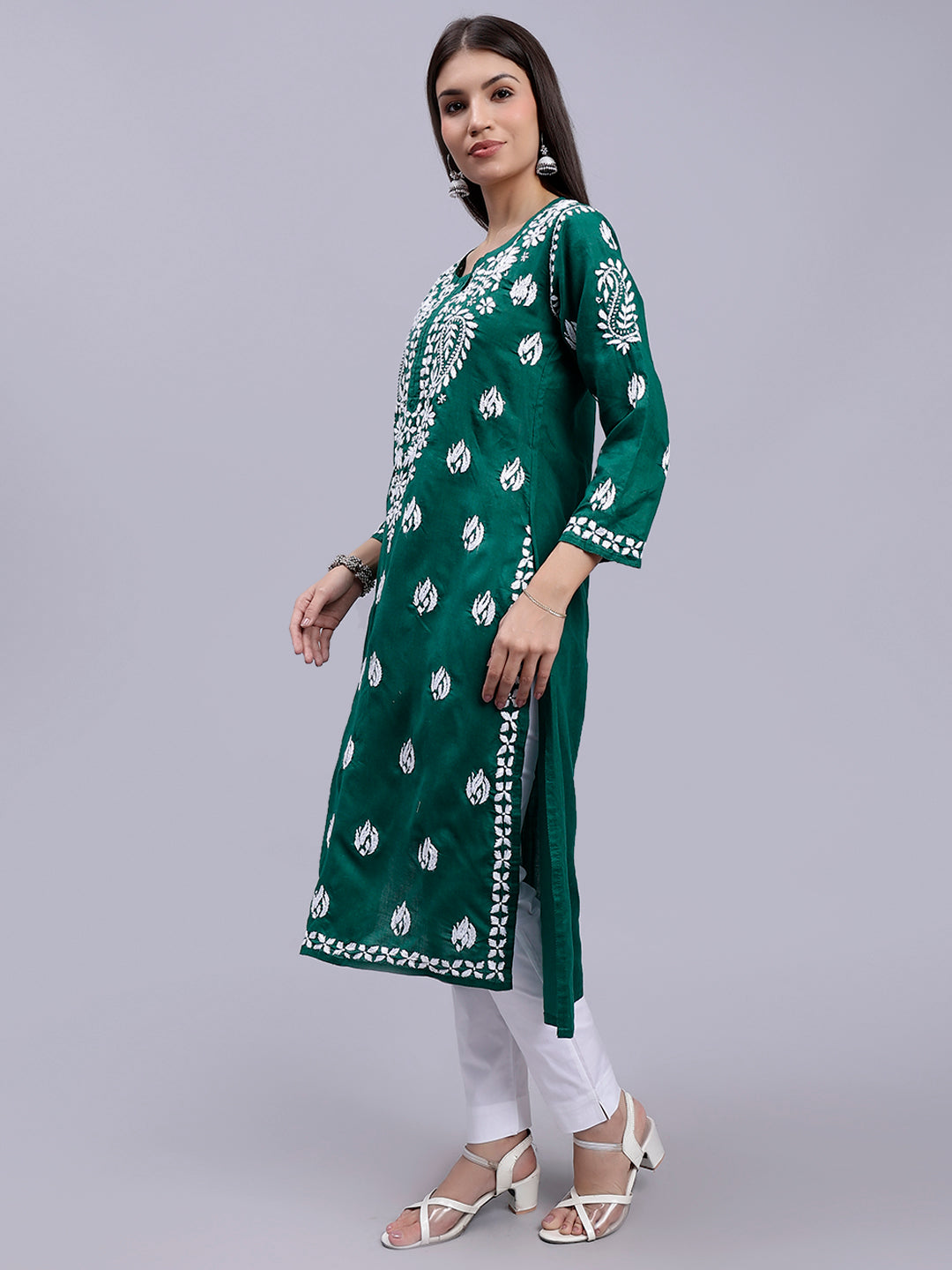 Pine Green Cotton Handwoven Chikankari Kurti