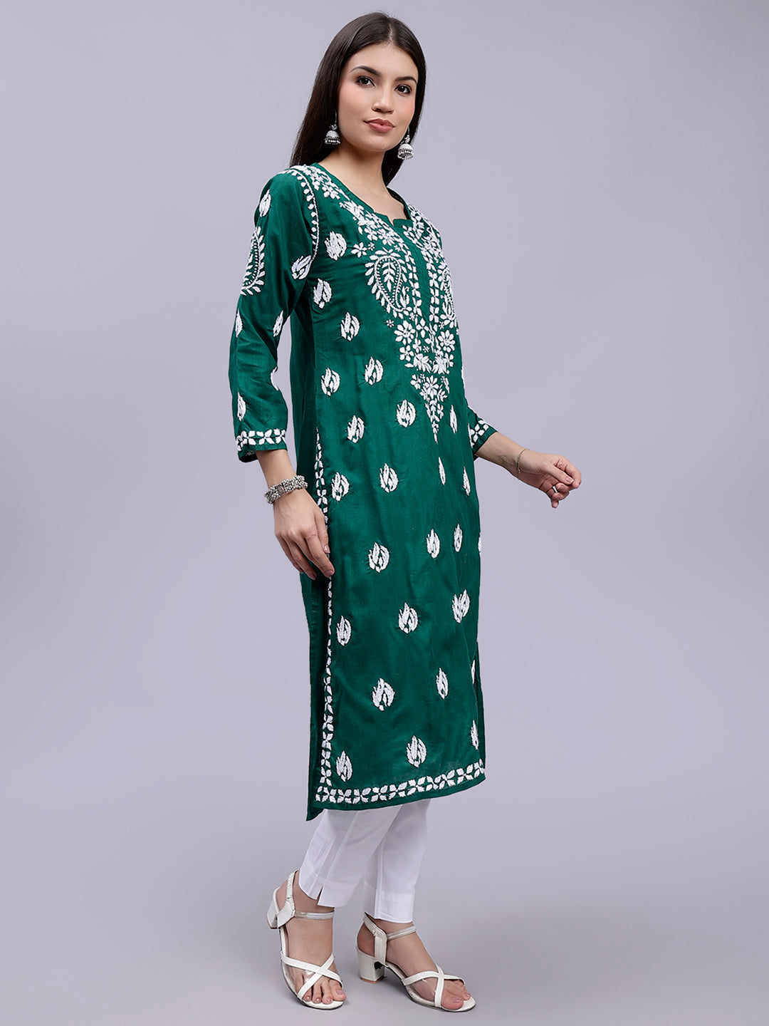 Pine Green Cotton Handwoven Chikankari Kurti