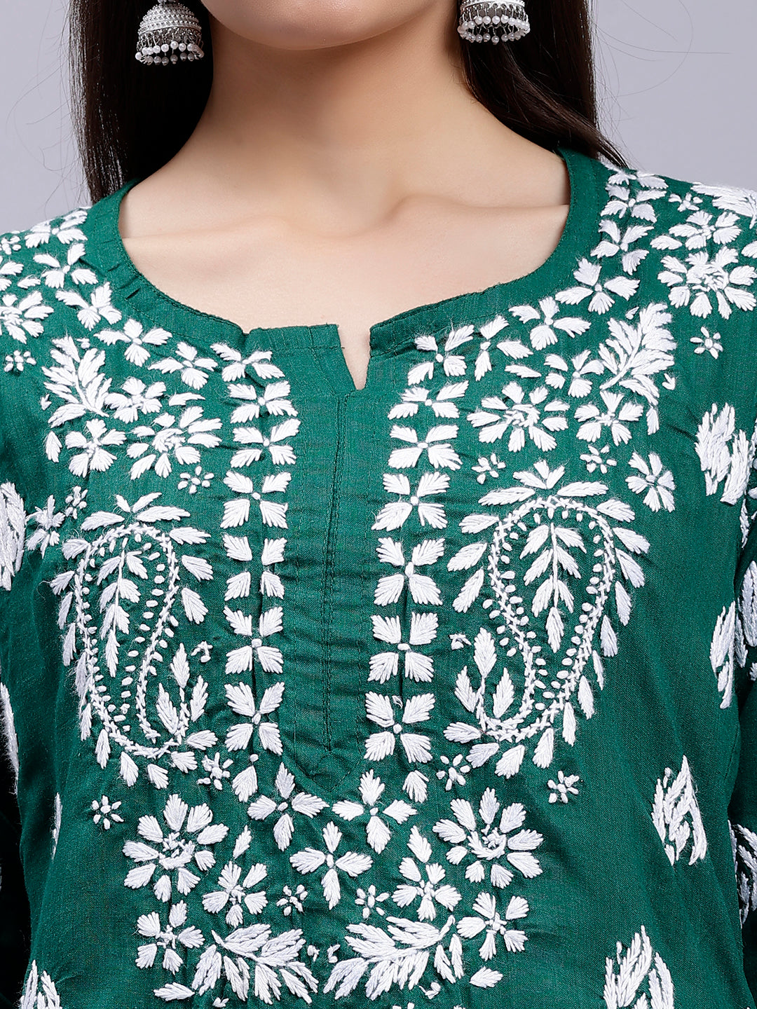 Pine Green Cotton Handwoven Chikankari Kurti