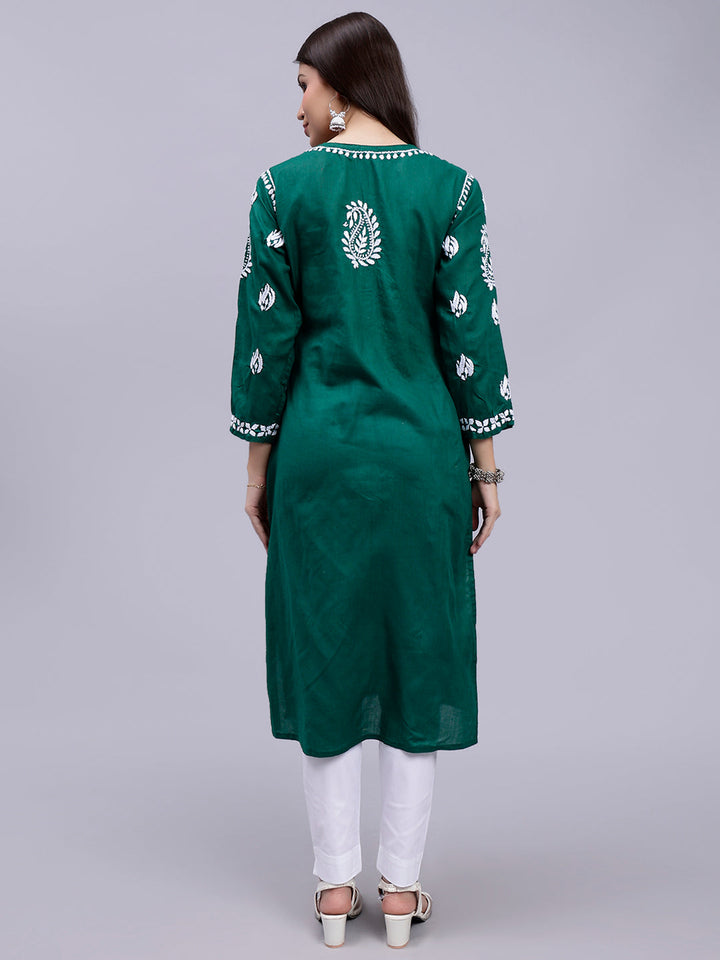 Pine Green Cotton Handwoven Chikankari Kurti