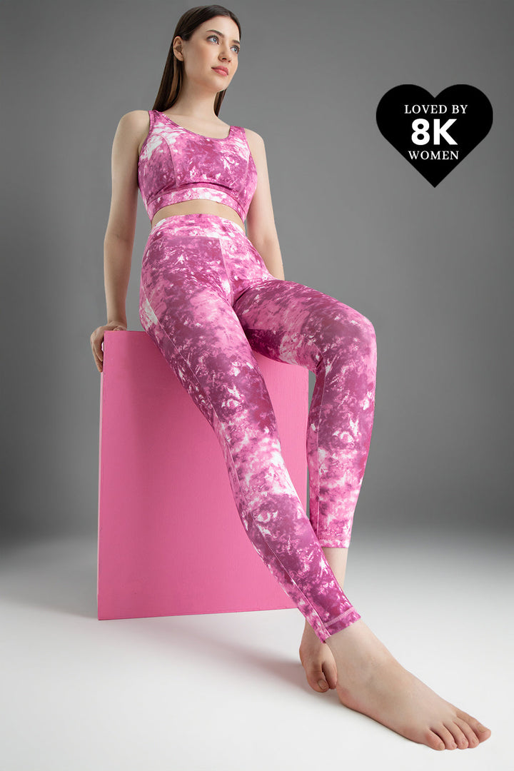 Pink Ankle-Length High-Rise Active Tie-Dye Print Tights