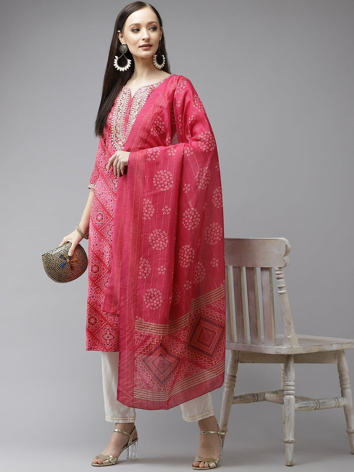 Pink Bandhani Printed Kurta Set With Dupatta