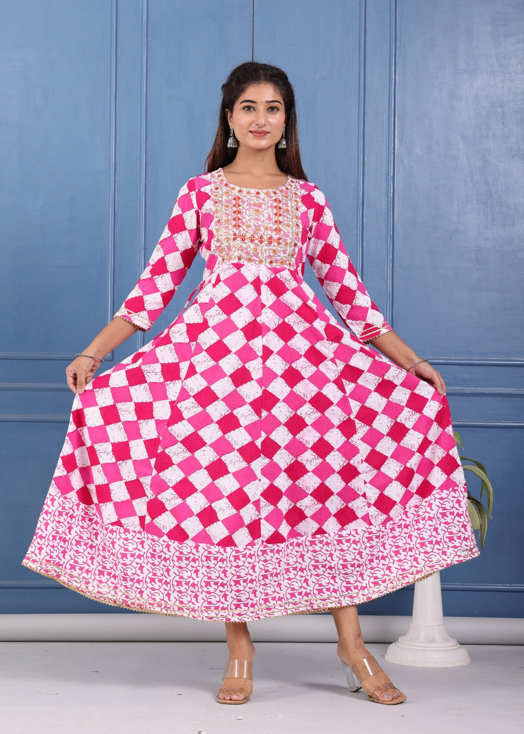 Pink Checkered Print Regular Anarkali Gown