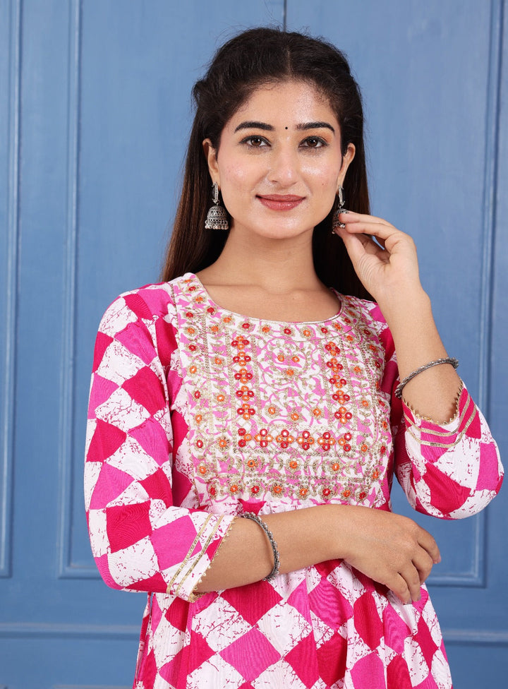 Pink Checkered Print Regular Anarkali Gown