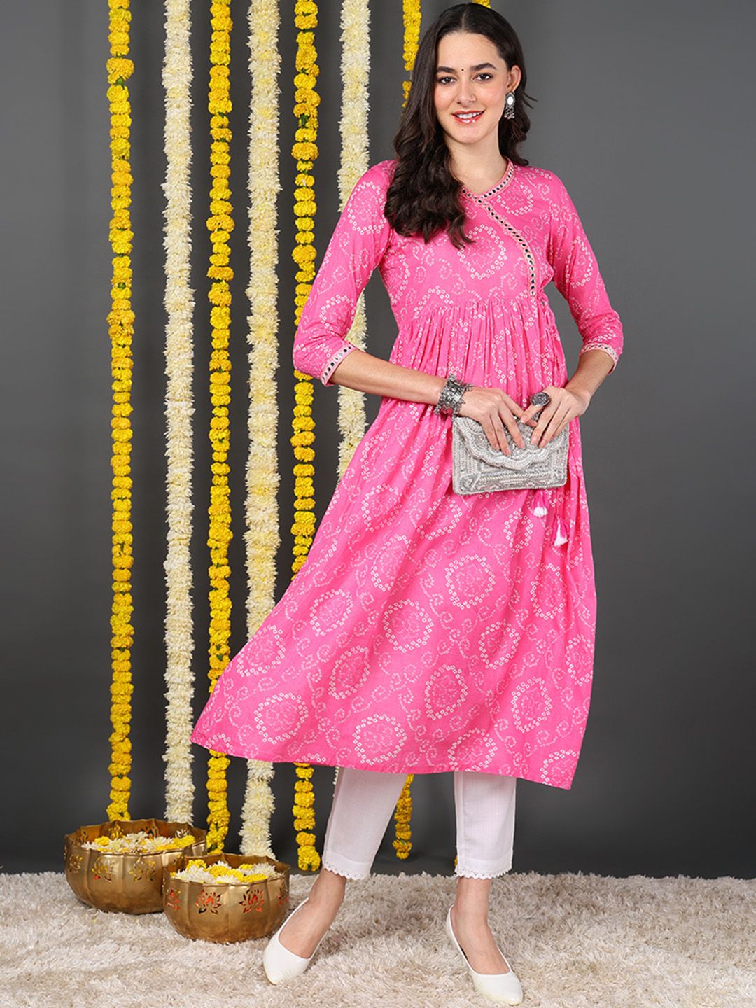 Pink Cotton Bandhani Printed Anarkali Kurta