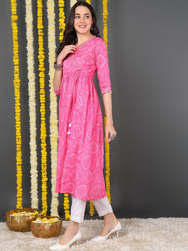 Pink Cotton Bandhani Printed Anarkali Kurta