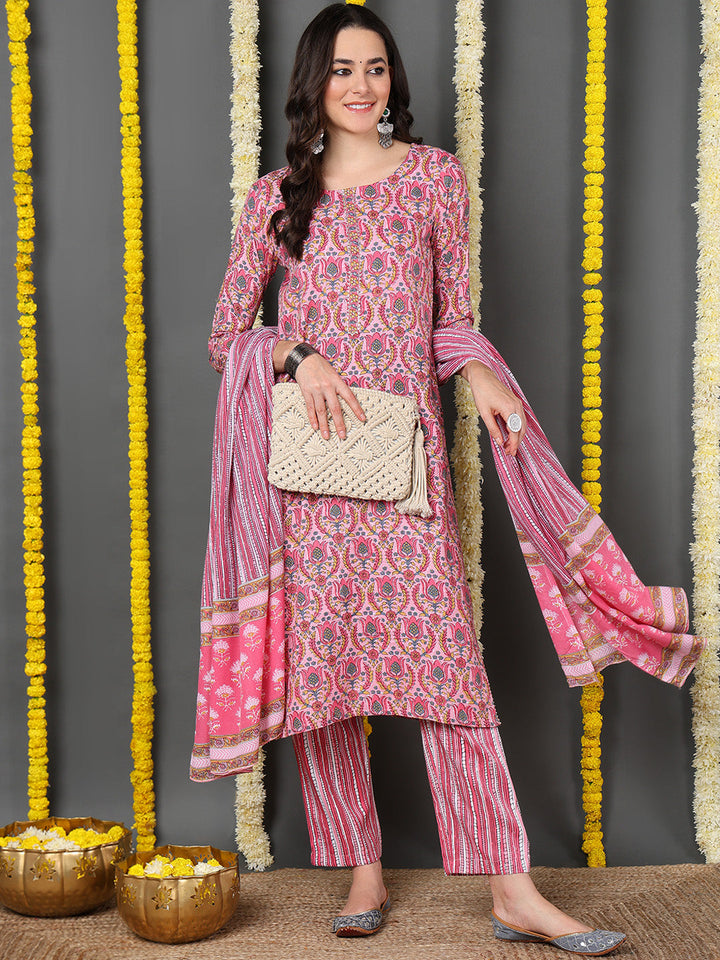 Pink Cotton Blend Ethnic Motifs Printed Straight Kurta Trouser With Dupatta