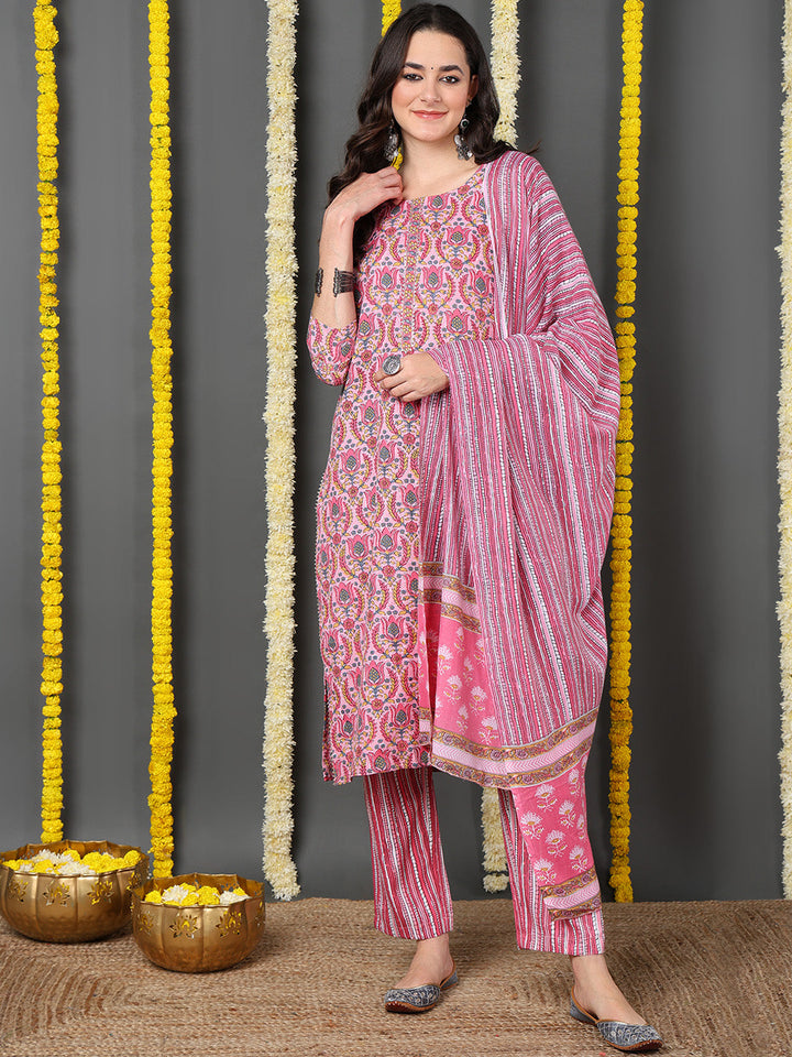 Pink Cotton Blend Ethnic Motifs Printed Straight Kurta Trouser With Dupatta