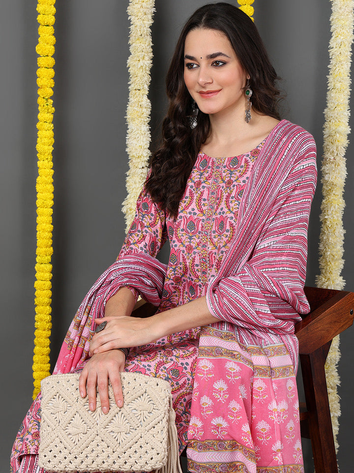 Pink Cotton Blend Ethnic Motifs Printed Straight Kurta Trouser With Dupatta