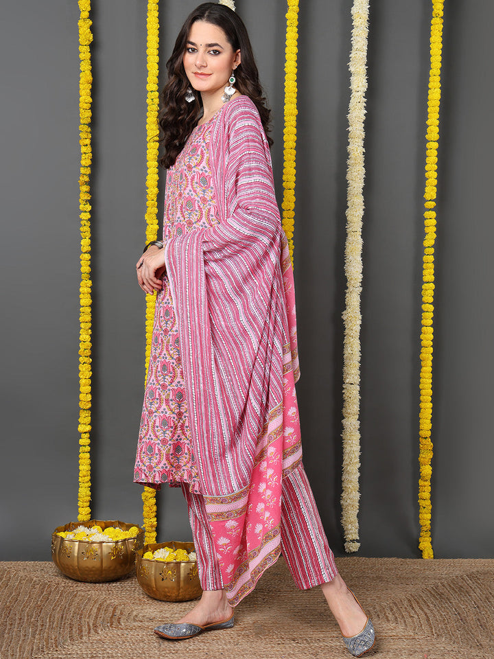 ZERESOUQ-Pink-Cotton-Blend-Ethnic-Motifs-Printed-Straight-Kurta-Trouser-With-Dupatta