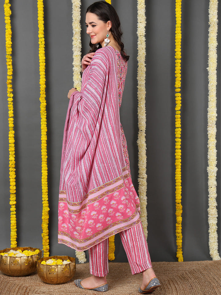 Pink Cotton Blend Ethnic Motifs Printed Straight Kurta Trouser With Dupatta