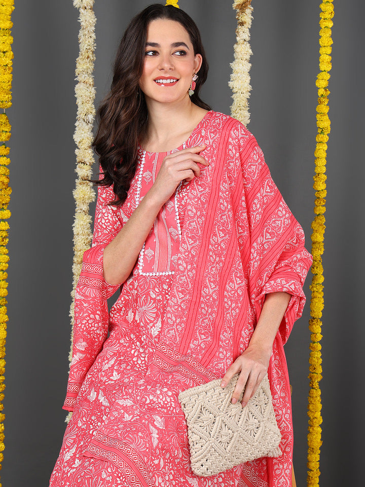 ZERESOUQ-Pink-Cotton-Blend-Floral-Printed-Straight-Kurta-Trouser-With-Dupatta