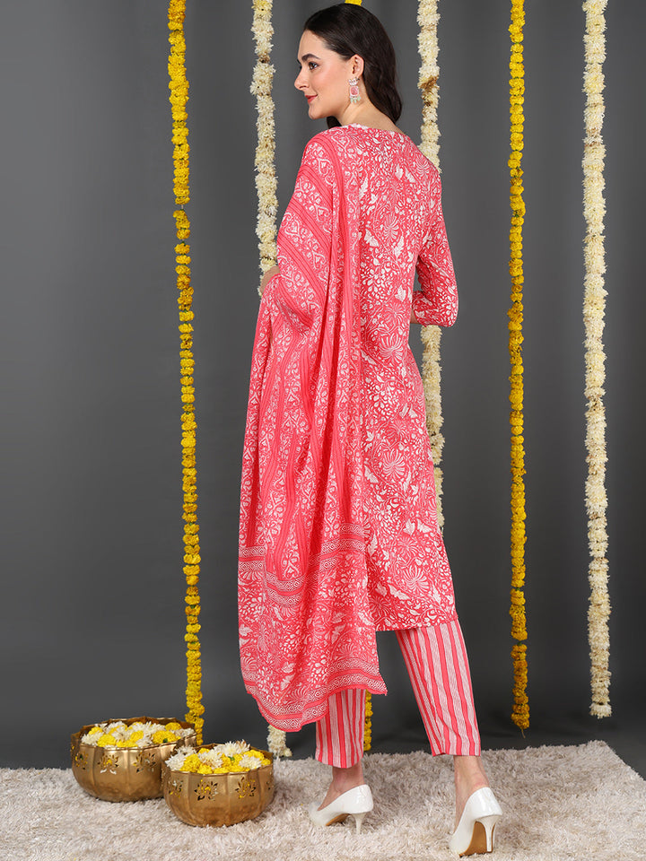ZERESOUQ-Pink-Cotton-Blend-Floral-Printed-Straight-Kurta-Trouser-With-Dupatta
