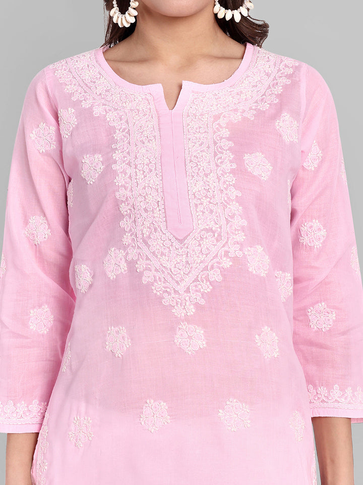 Pink Cotton Chikankari Tunic Kurti