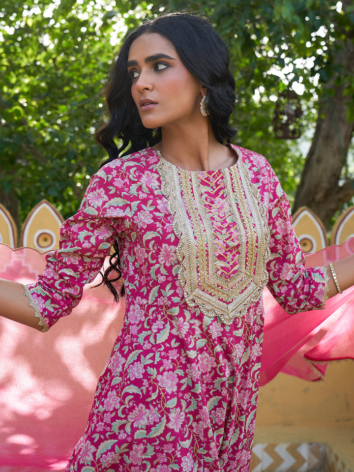 ZERESOUQ-Rani-Pink-Cotton-Floral-Printed-Festive-Kurta-Set