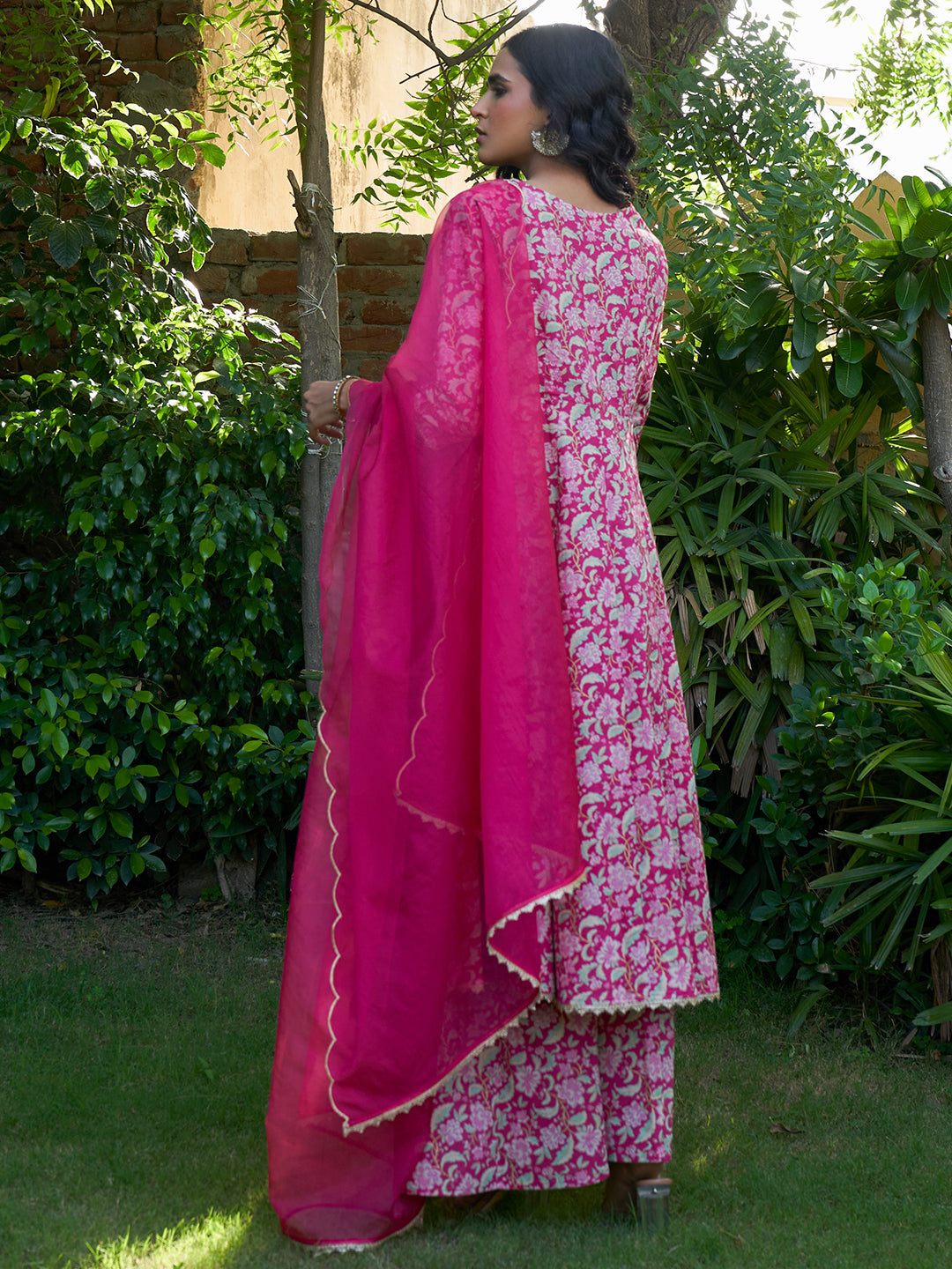 Rani Pink Cotton Floral Printed Festive Kurta Set