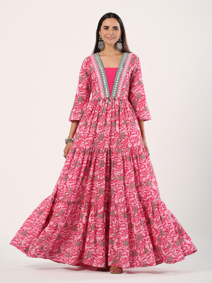 Pink Cotton Floral Printed Long Tiered Dress