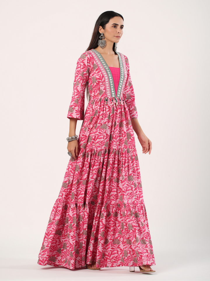 Pink Cotton Floral Printed Long Tiered Dress