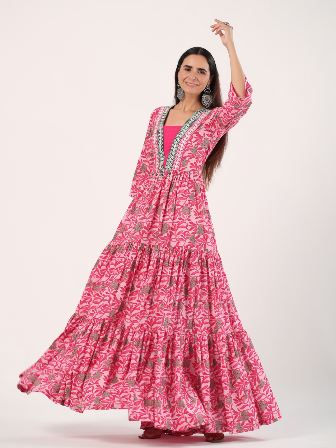 Pink Cotton Floral Printed Long Tiered Dress