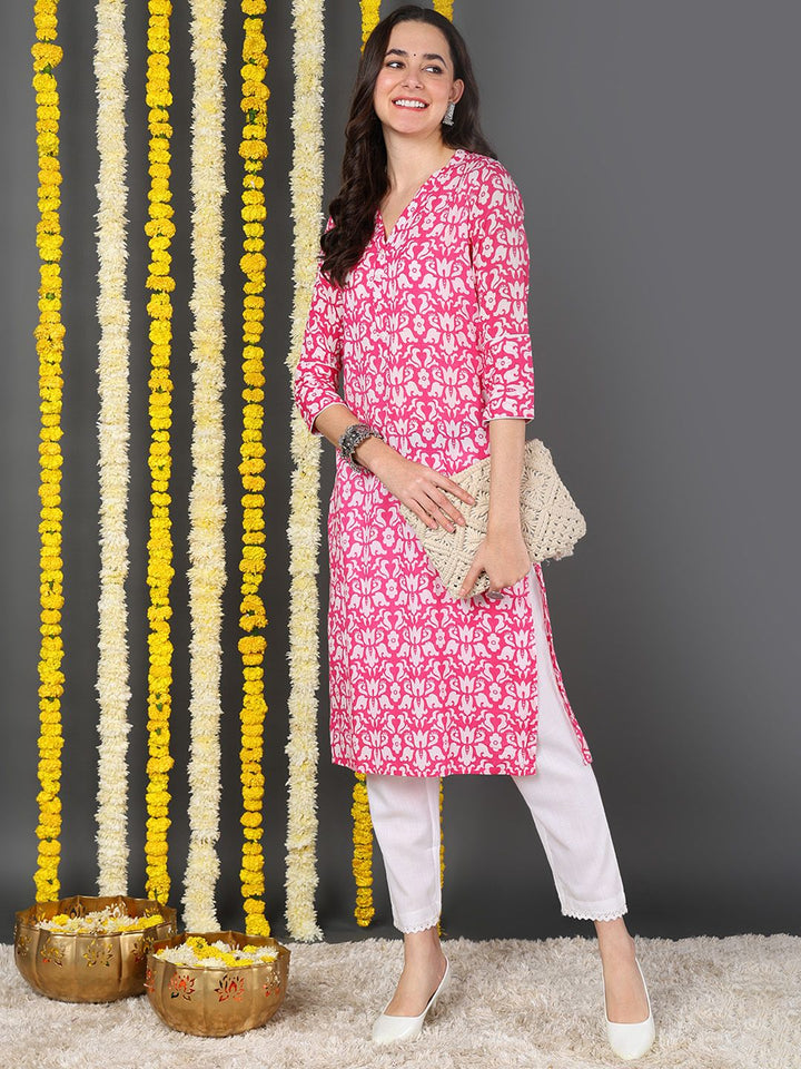 Pink Cotton Floral Printed Straight Kurta