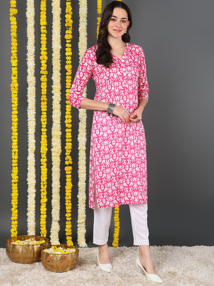 Pink Cotton Floral Printed Straight Kurta