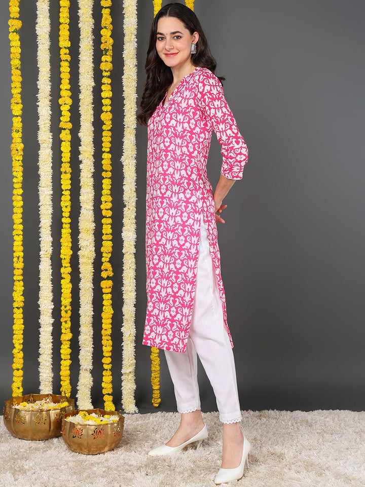 Pink Cotton Floral Printed Straight Kurta