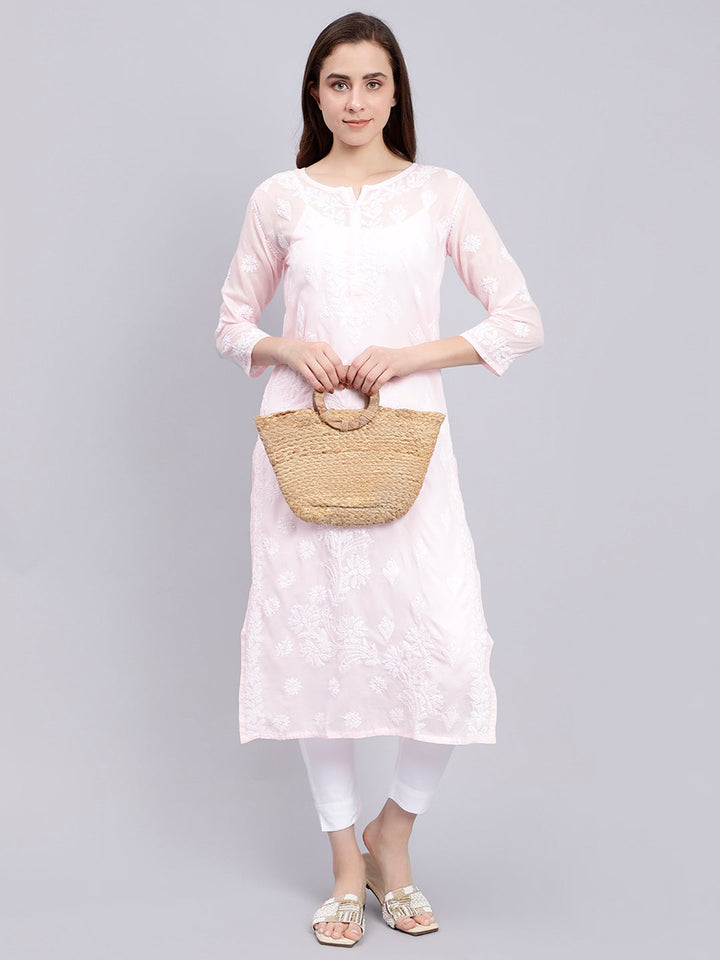 Pink Cotton Lucknowi Chikankari Embroidered Kurti