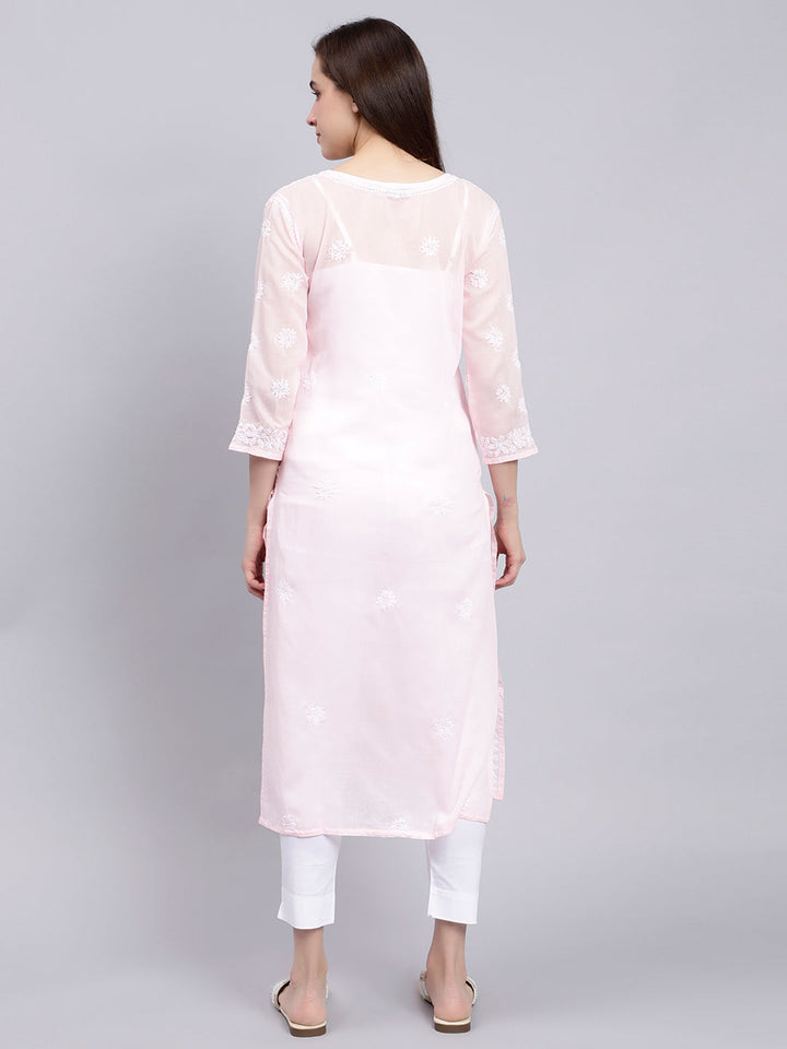 Pink Cotton Lucknowi Chikankari Embroidered Kurti