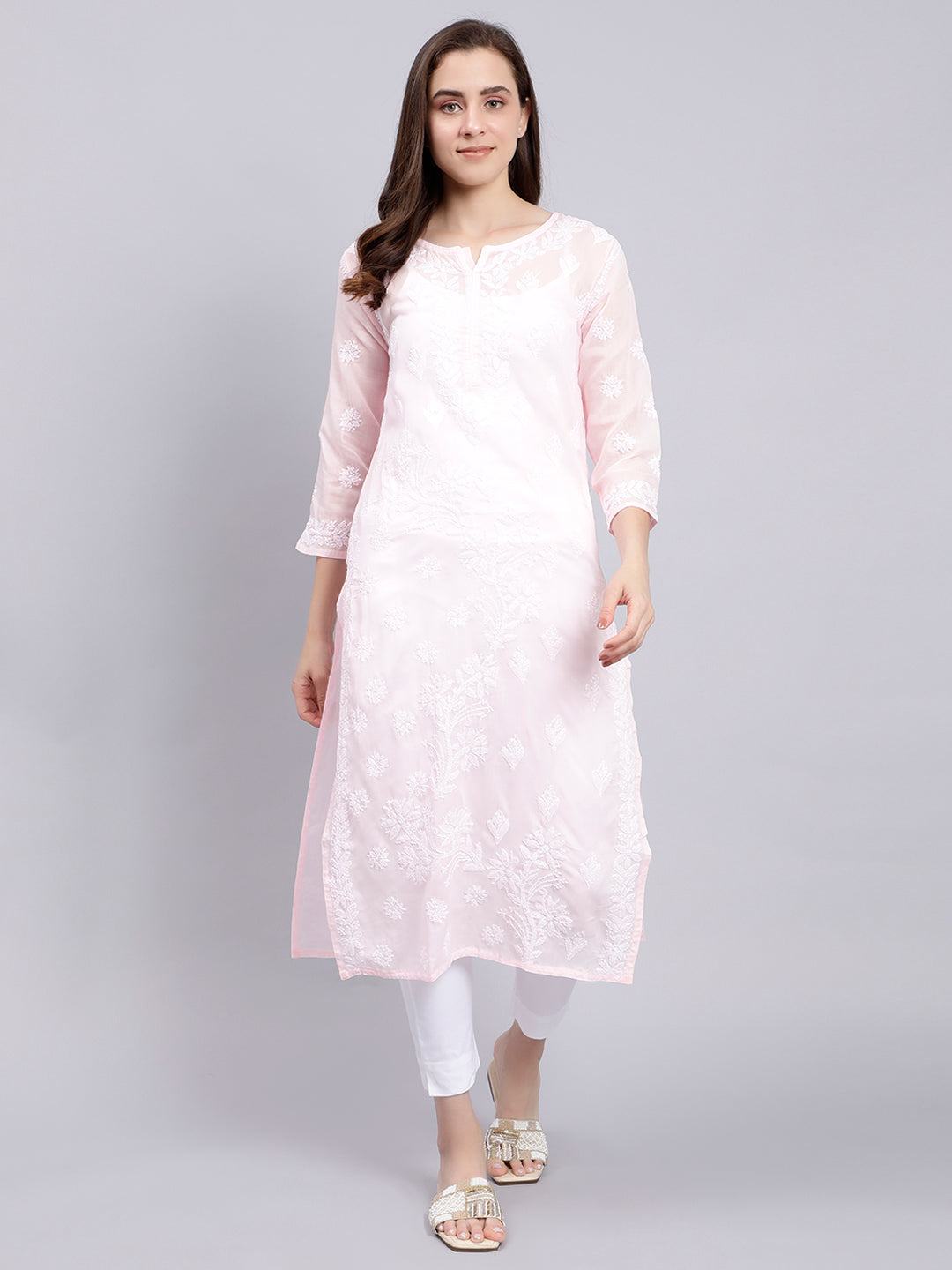 Pink Cotton Lucknowi Chikankari Embroidered Kurti