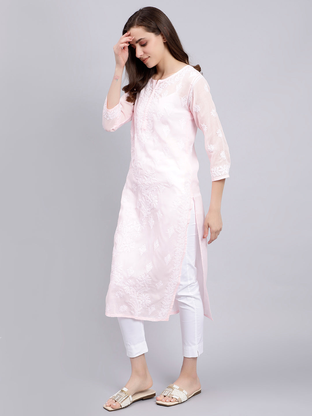 Pink Cotton Lucknowi Chikankari Embroidered Kurti