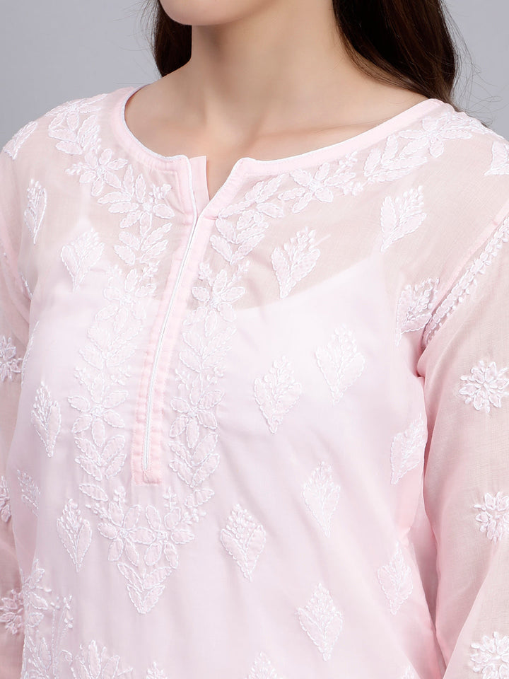 Pink Cotton Lucknowi Chikankari Embroidered Kurti