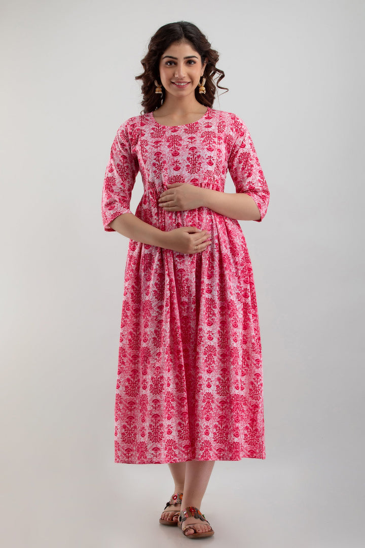 Pink-Cotton-Maternity-Baby-Feeding-Dress