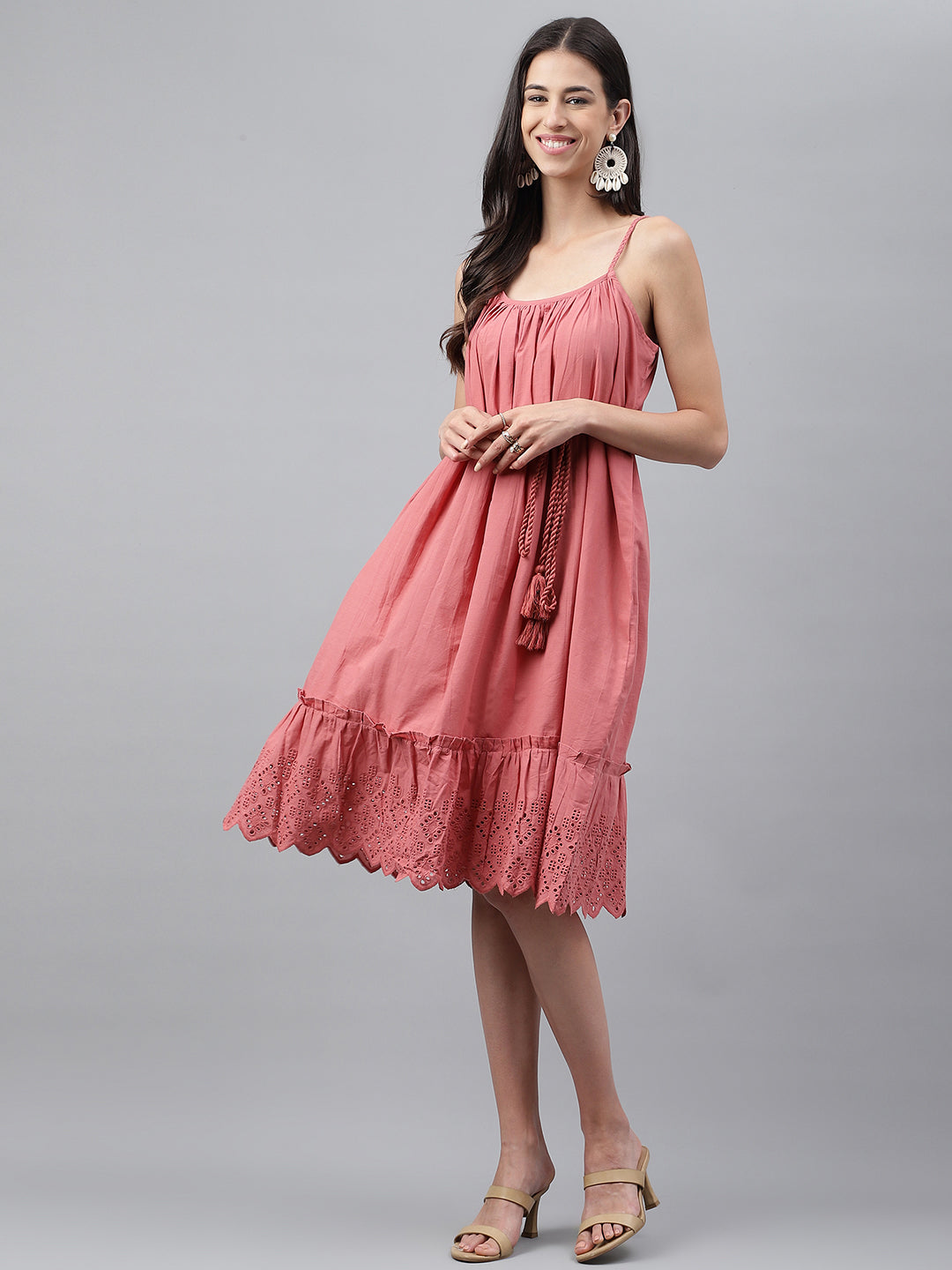 Pink Cotton Schiffli Casual Flared Dress