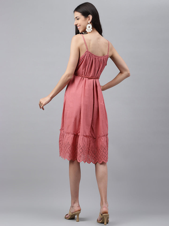 Pink Cotton Schiffli Casual Flared Dress