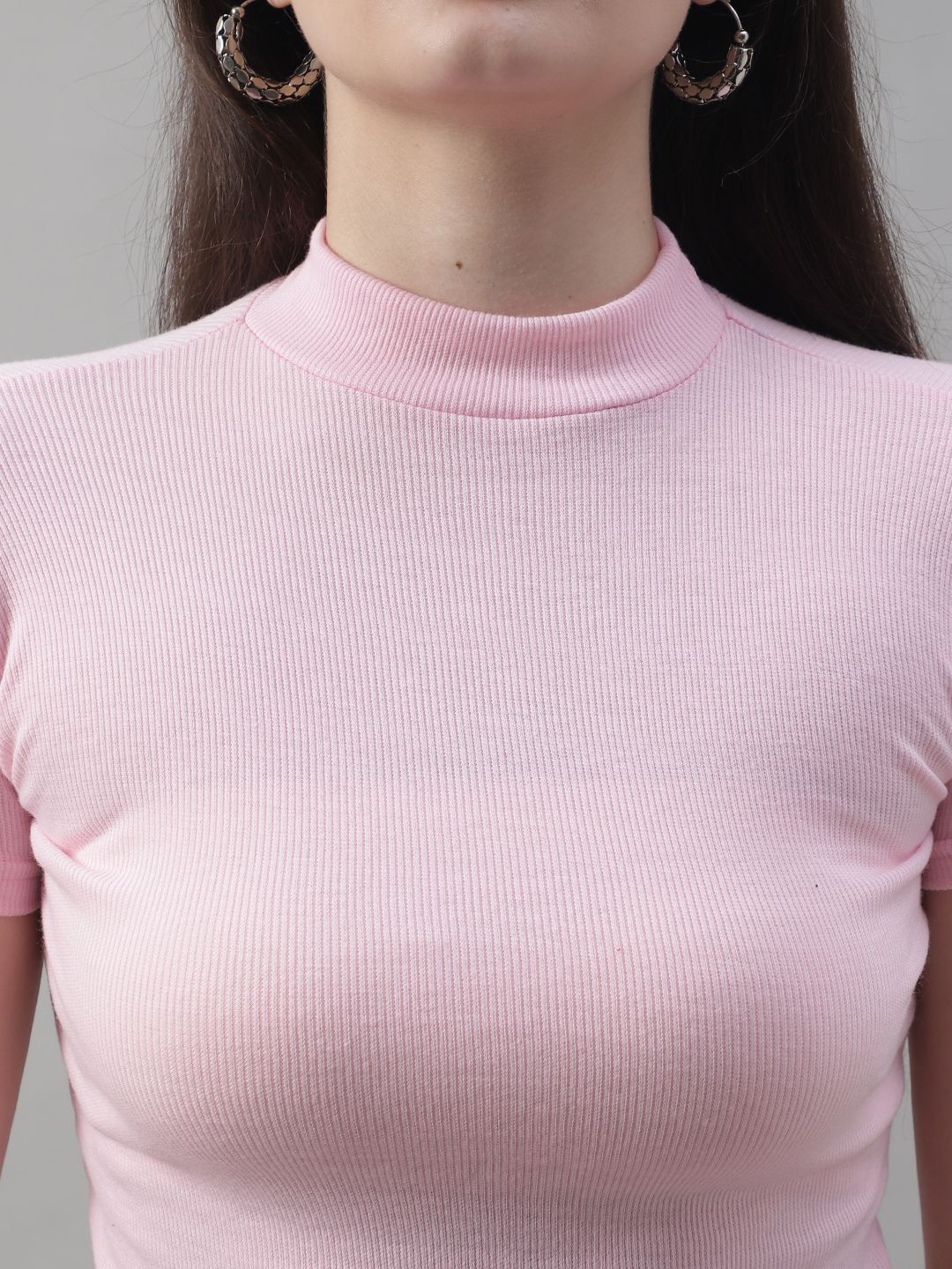 Pink Cotton Turtle-Neck Half-Sleeve Crop Top